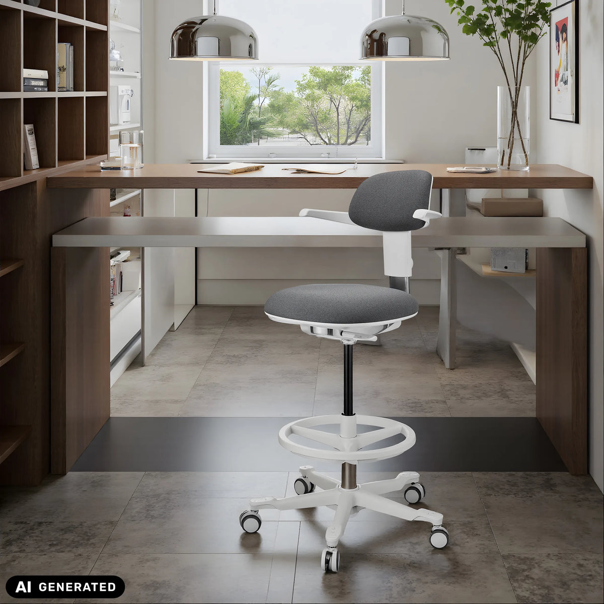 Sedia da lavoro TOP WORK 40 W in grigio scuro con base a stella bianca e poggiapiedi di hjh OFFICE (immagine generata dall’IA)