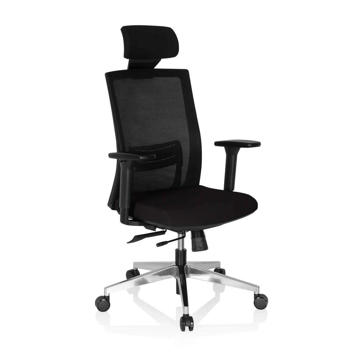Poltrona professionale CAPTIVA nera con schienale in rete, poggiatesta e base a cinque ruote di hjh OFFICE – vista a 360° (vista frontale a tre quarti 40°)
