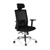 Poltrona professionale CAPTIVA nera con schienale in rete, poggiatesta e base a cinque ruote di hjh OFFICE – vista a 360° (vista frontale a tre quarti 40°)