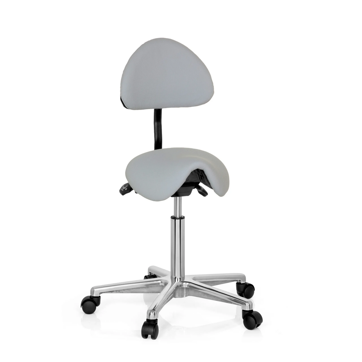 Sgabello a sella TOP WORK 20 grigio con schienale e base a cinque ruote di hjh OFFICE – vista a 360° (vista frontale 20°)