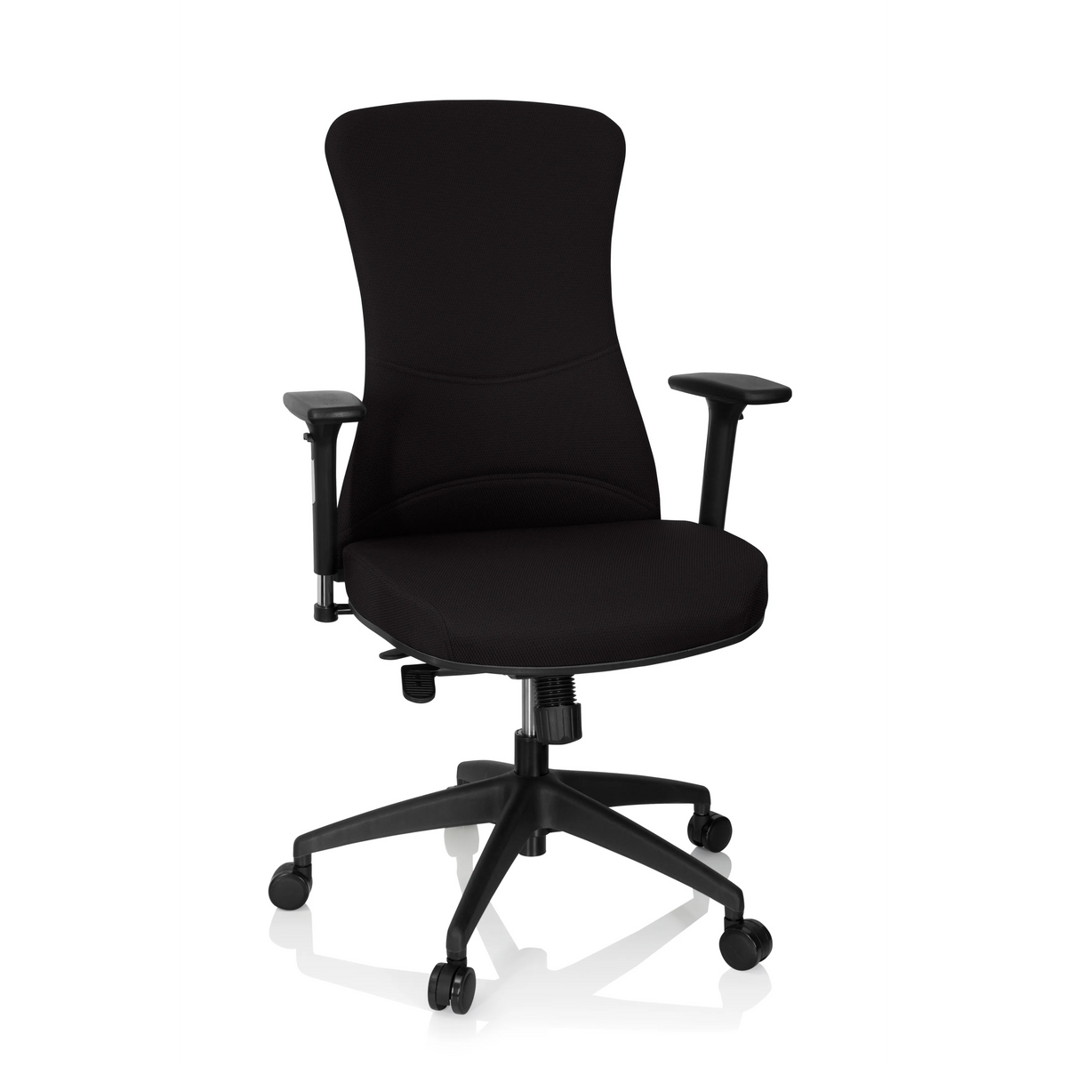 Schwarzer Profi-Bürostuhl OFFICE XT PRO mit Armlehnen und Fußkreuz mit fünf Rollen von hjh OFFICE – 360-Grad-Ansicht (Frontansicht 20°)