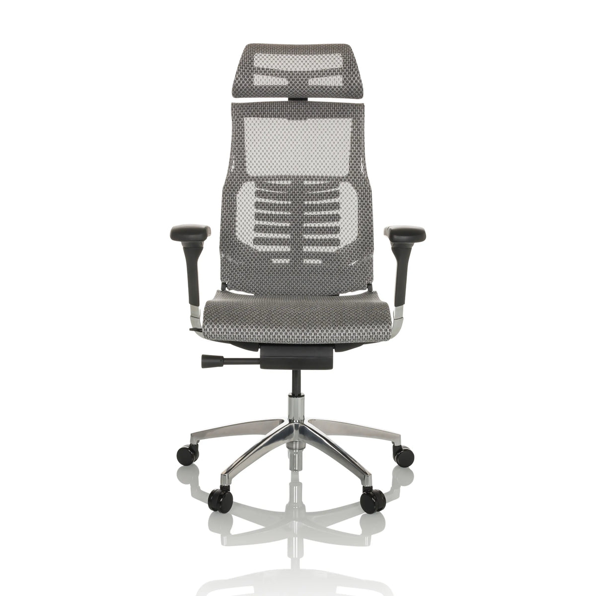 High-end Sedia da ufficio POFIT GEN2 grigio chiaro con schienale in rete e base a cinque ruote di hjh OFFICE – vista a 360° (vista frontale 0°)