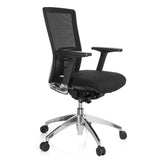 Sedia da ufficio professionale ASTRA BASE N nera con schienale in rete e base lucida a cinque ruote di hjh OFFICE – vista a 360° (vista frontale a tre quarti 60°)