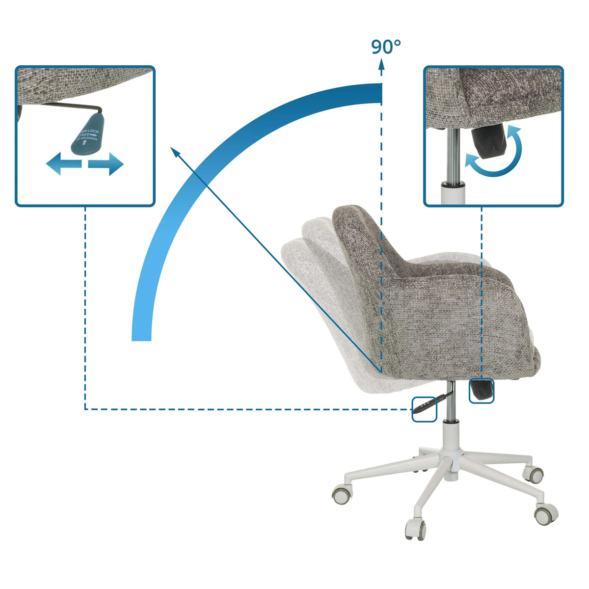Regolazione dell'altezza e meccanismo di inclinazione a 90 gradi della Sedia Home Office SOLAO HOME in grigio di hjh LIVING