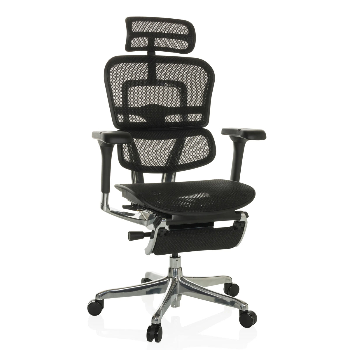 Poltrona di lusso ERGOHUMAN PLUS LEGPRO GEN2 nera con rete e base a cinque ruote di hjh OFFICE – vista a 360° (vista frontale 15°)