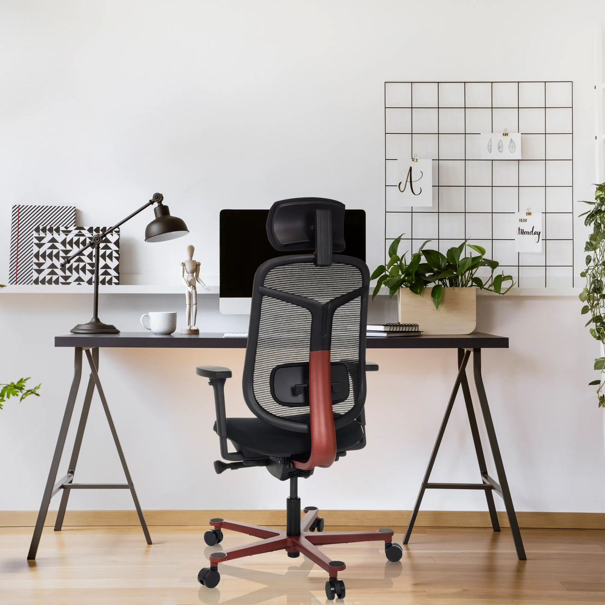 High-end Sedia da ufficio BICOLORE HIGH in nero e rosso con schienale in rete di hjh OFFICE