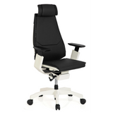 Schwarzer High-End-Bürostuhl GENIDIA PRO WHITE aus Leder mit weißem Fußkreuz und fünf Rollen von hjh OFFICE – 360-Grad-Ansicht (schräge Frontansicht 40°)