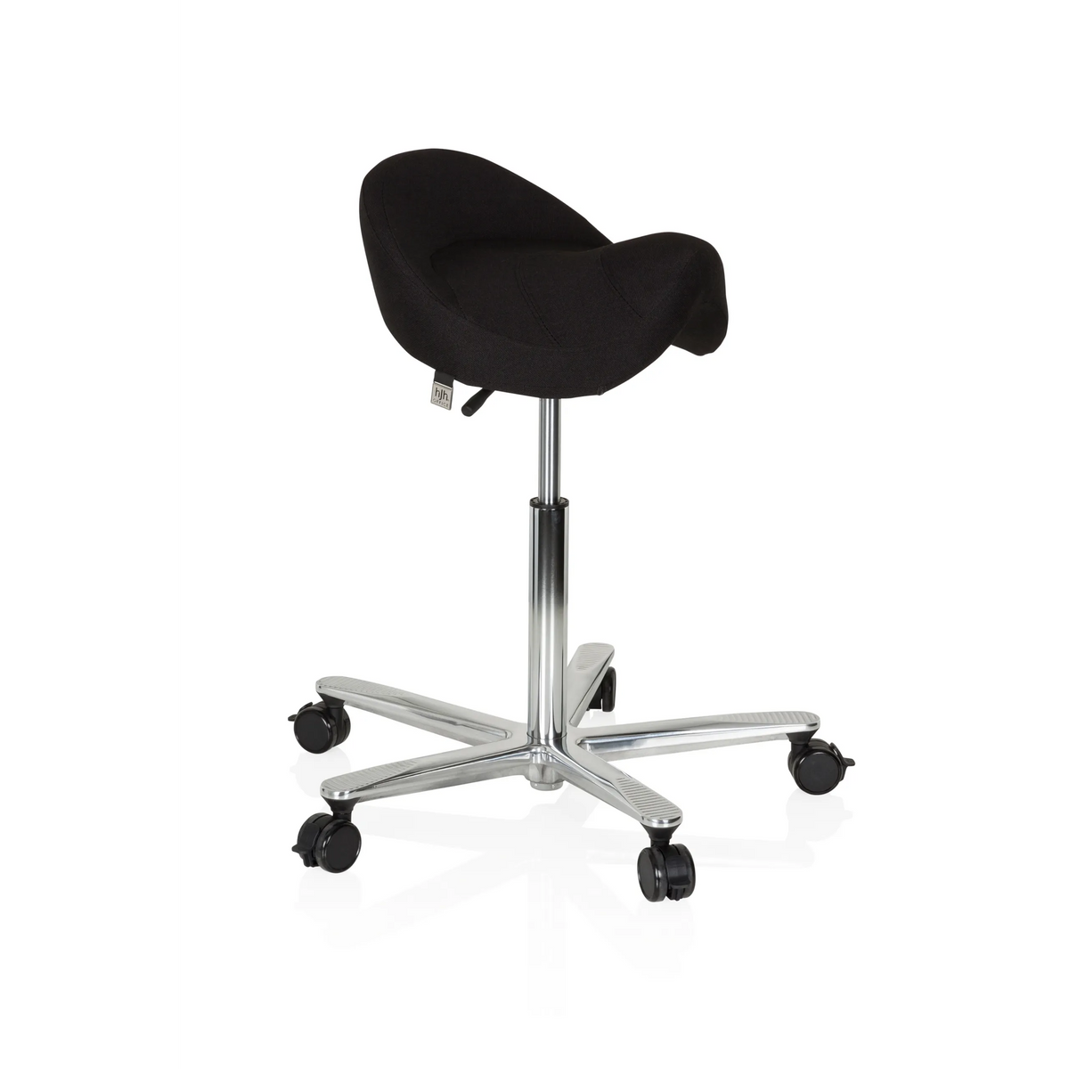 Sgabello a sella MOVE-TEC 3D PRO I nero con base a cinque ruote di hjh OFFICE – vista a 360° (vista frontale a tre quarti 60°)