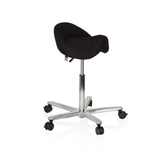 Sgabello a sella MOVE-TEC 3D PRO I nero con base a cinque ruote di hjh OFFICE – vista a 360° (vista frontale a tre quarti 60°)
