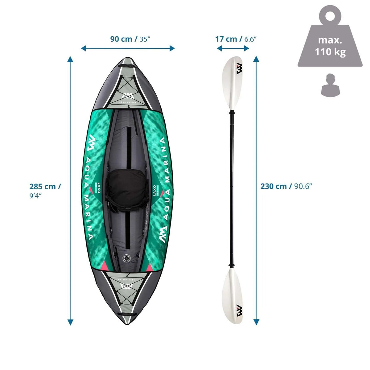 Disegno tecnico del Kayak gonfiabile LAXO-285 di 285 × 90 cm di Aqua Marina