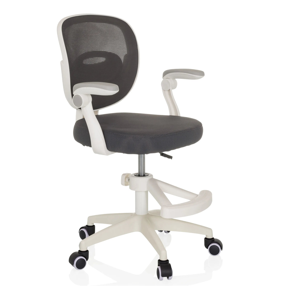Sedia girevole per bambini KIDDY SMART grigia con schienale in rete e base bianca a cinque ruote di hjh OFFICE – vista a 360° (vista frontale a tre quarti 45°)