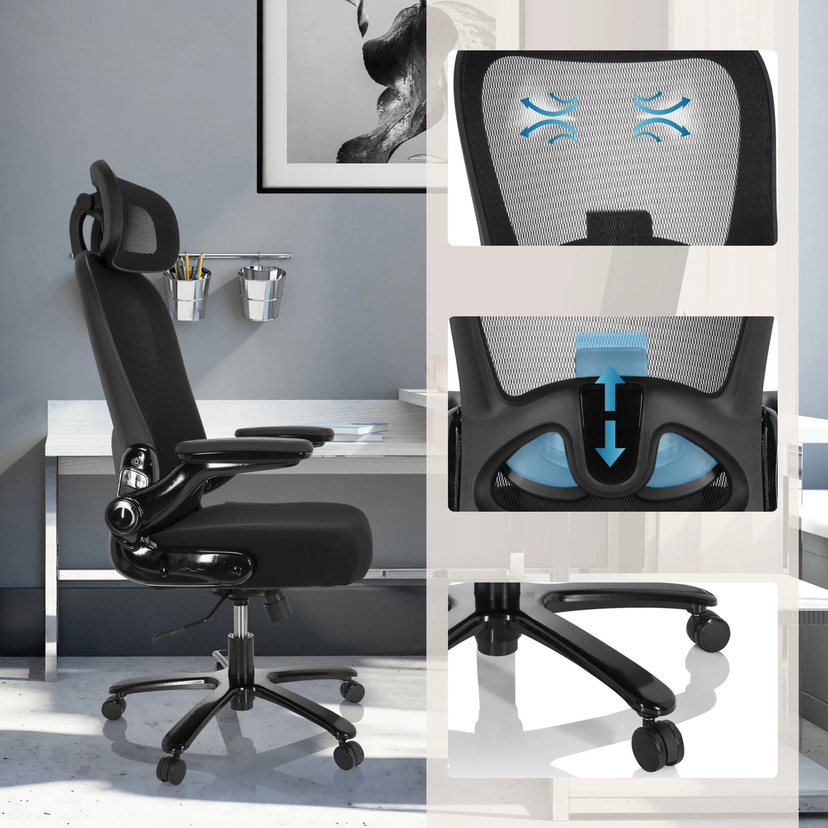 Sedia girevole XXL INSTRUCTOR SW I PRO in nero con schienale in rete, supporto lombare regolabile e ruote di hjh OFFICE
