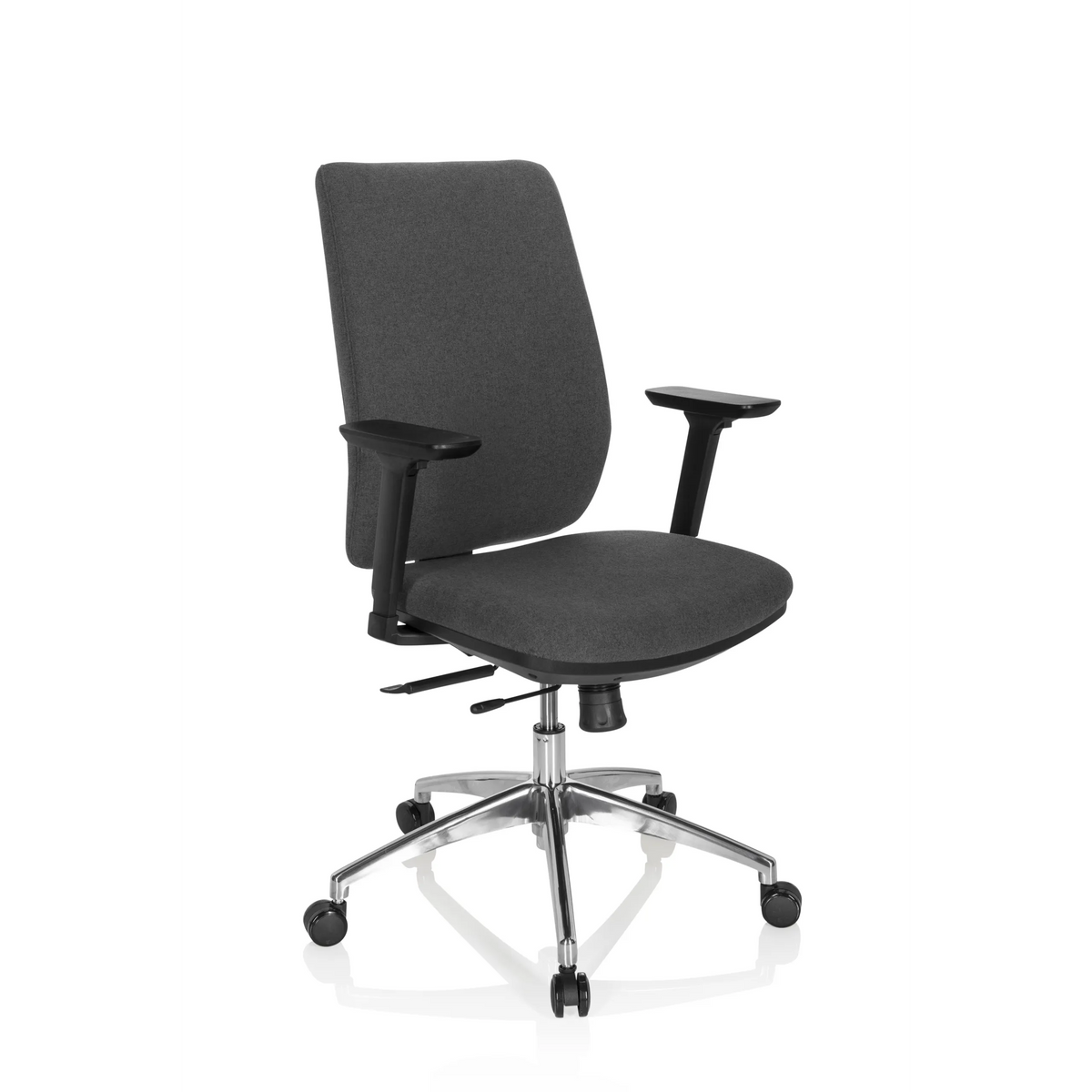 Sedia da ufficio professionale INTEGRIO I grigio scuro con braccioli e base a cinque ruote di hjh OFFICE – vista a 360° (vista frontale a tre quarti 40°)
