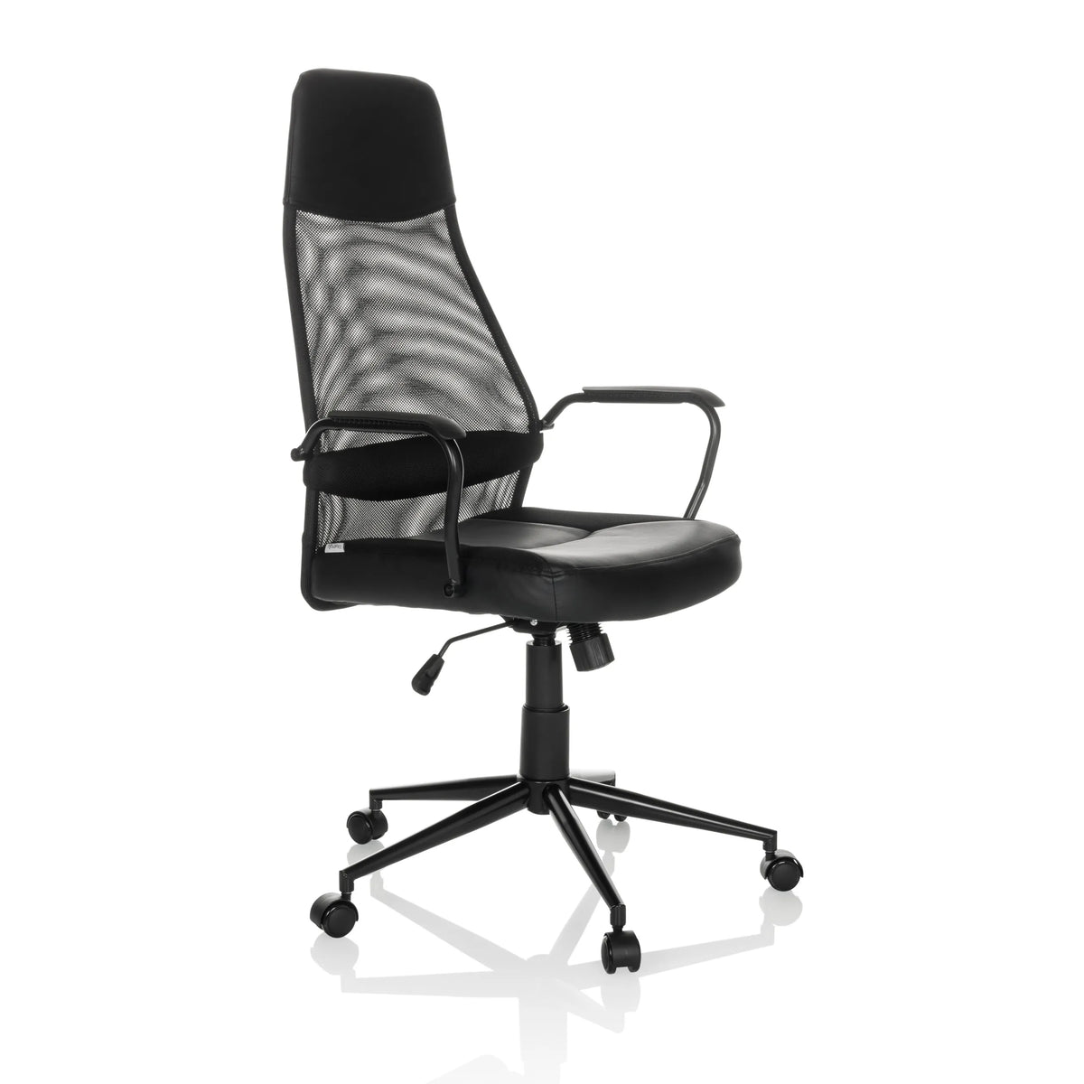 Poltrona Home Office MARCOZ nera con schienale in rete e base a cinque ruote di MyBuero – vista a 360° (vista frontale a tre quarti 45°)