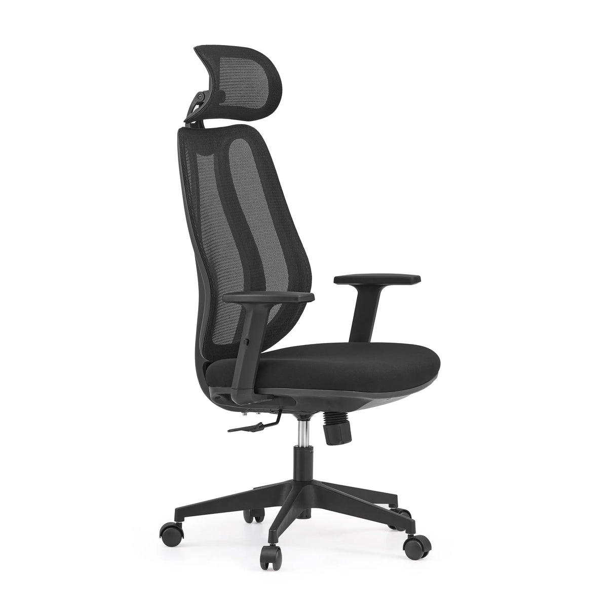 Sedia da ufficio professionale Filaro nera con schienale in rete, poggiatesta e base a cinque ruote di hjh OFFICE – vista a 360° (vista frontale a tre quarti 60°)