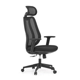Sedia da ufficio professionale Filaro nera con schienale in rete, poggiatesta e base a cinque ruote di hjh OFFICE – vista a 360° (vista frontale a tre quarti 60°)
