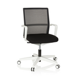Sedia da ufficio professionale MOVE-TEC NET 3D W bianca e nera con schienale in rete e base bianca a cinque ruote di hjh OFFICE – vista a 360° (vista frontale 20°)