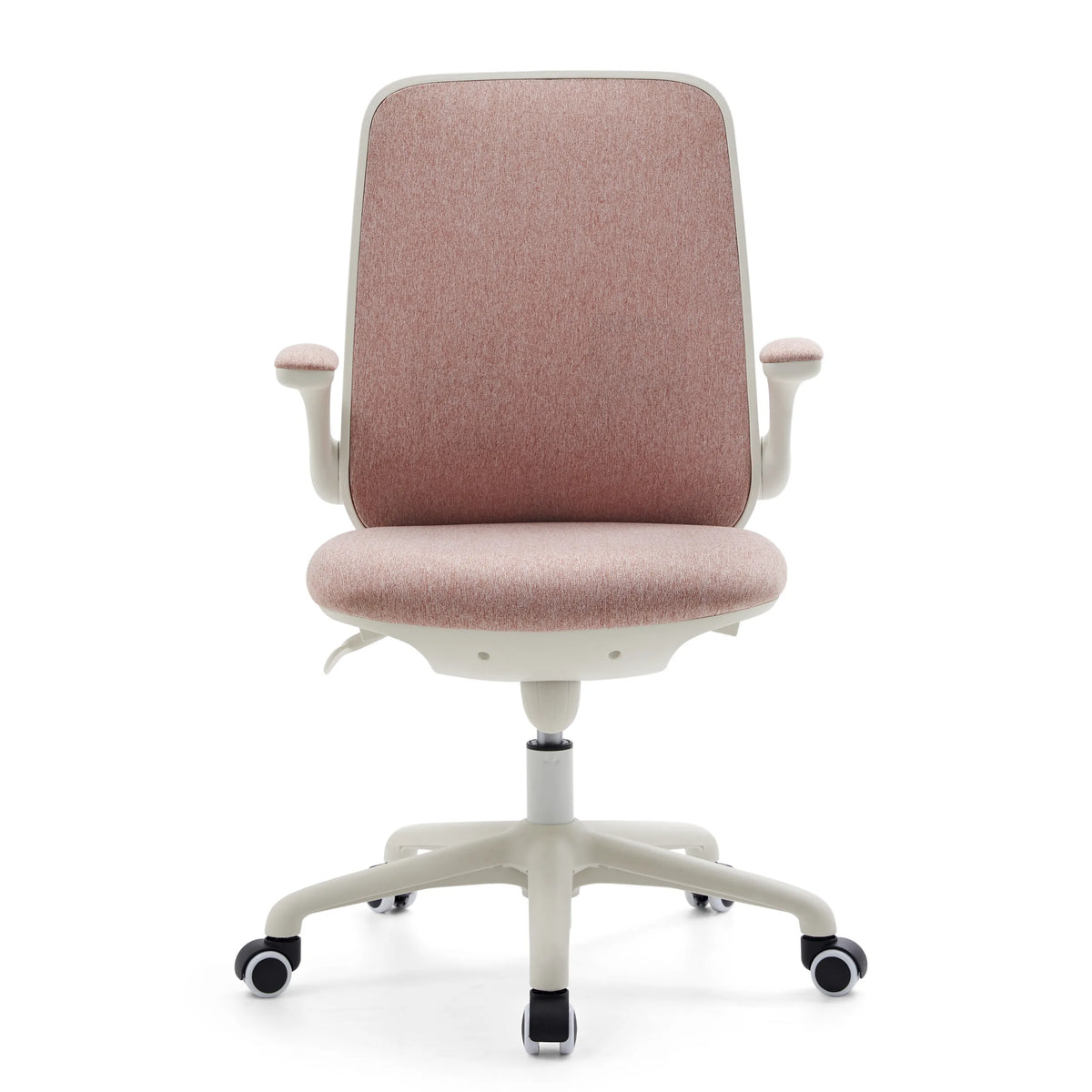 Sedia girevole per bambini Swivelo rosa con braccioli e base bianca a cinque ruote di hjh OFFICE – vista a 360° (vista frontale 0°)
