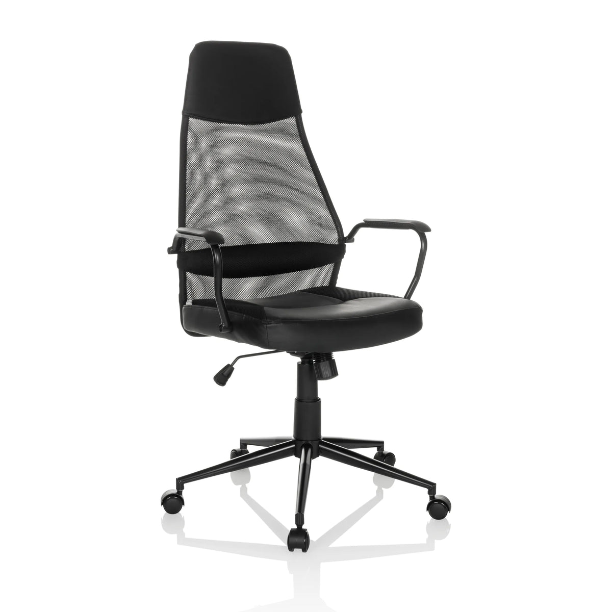 Poltrona Home Office MARCOZ nera con schienale in rete e base a cinque ruote di MyBuero – vista a 360° (vista frontale a tre quarti 30°)