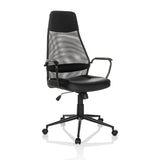 Poltrona Home Office MARCOZ nera con schienale in rete e base a cinque ruote di MyBuero – vista a 360° (vista frontale a tre quarti 30°)