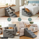 Scaletta per animali domestici PAWY STEP 5 grigia con tre gradini in diverse situazioni domestiche di hjh LIVING (immagine generata dall’IA)