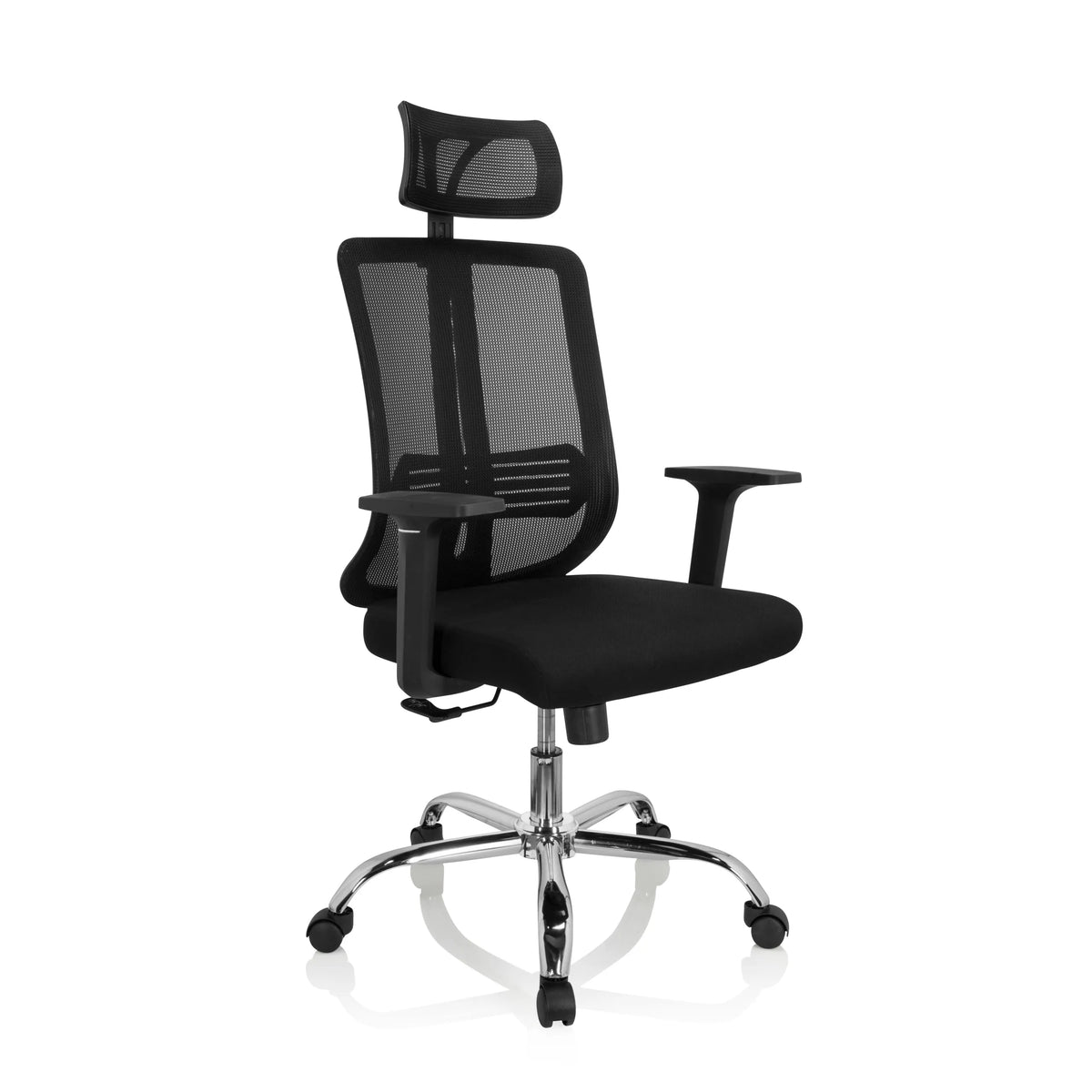 Sedia Home Office ZH 200 nera con schienale in rete e base a cinque ruote di hjh OFFICE – vista a 360° (vista frontale a tre quarti 40°)