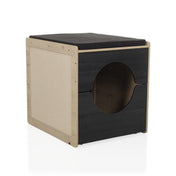 Katzenhaus KITTY PAWBOX 2 in Schwarz und Eiche mit kreisförmiger Öffnung und Polsterauflage von hjh LIVING