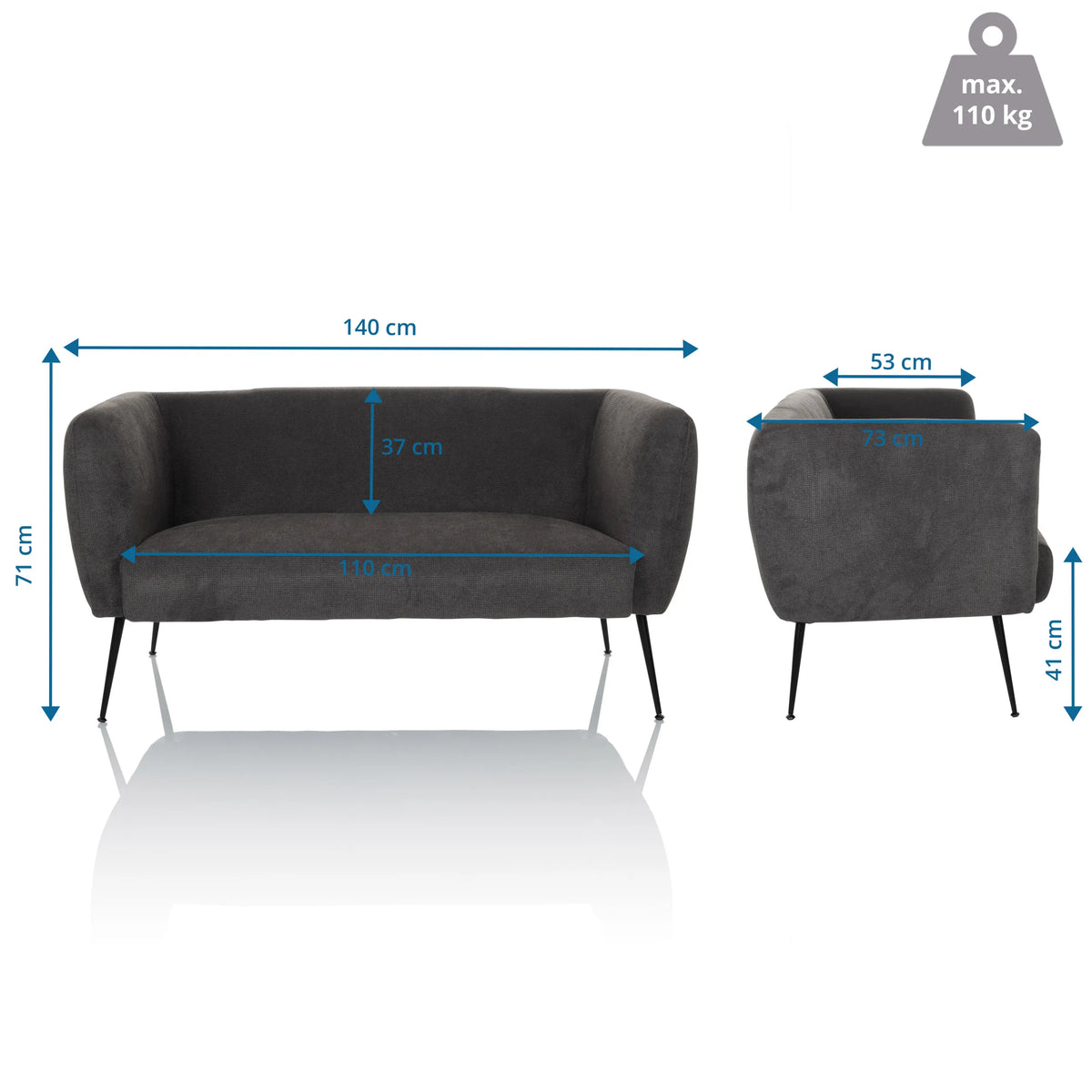 Maßzeichnung des Loungesofas HAYRIVER mit einer Breite von 140 cm und einer Tiefe von 73 cm von hjh LIVING
