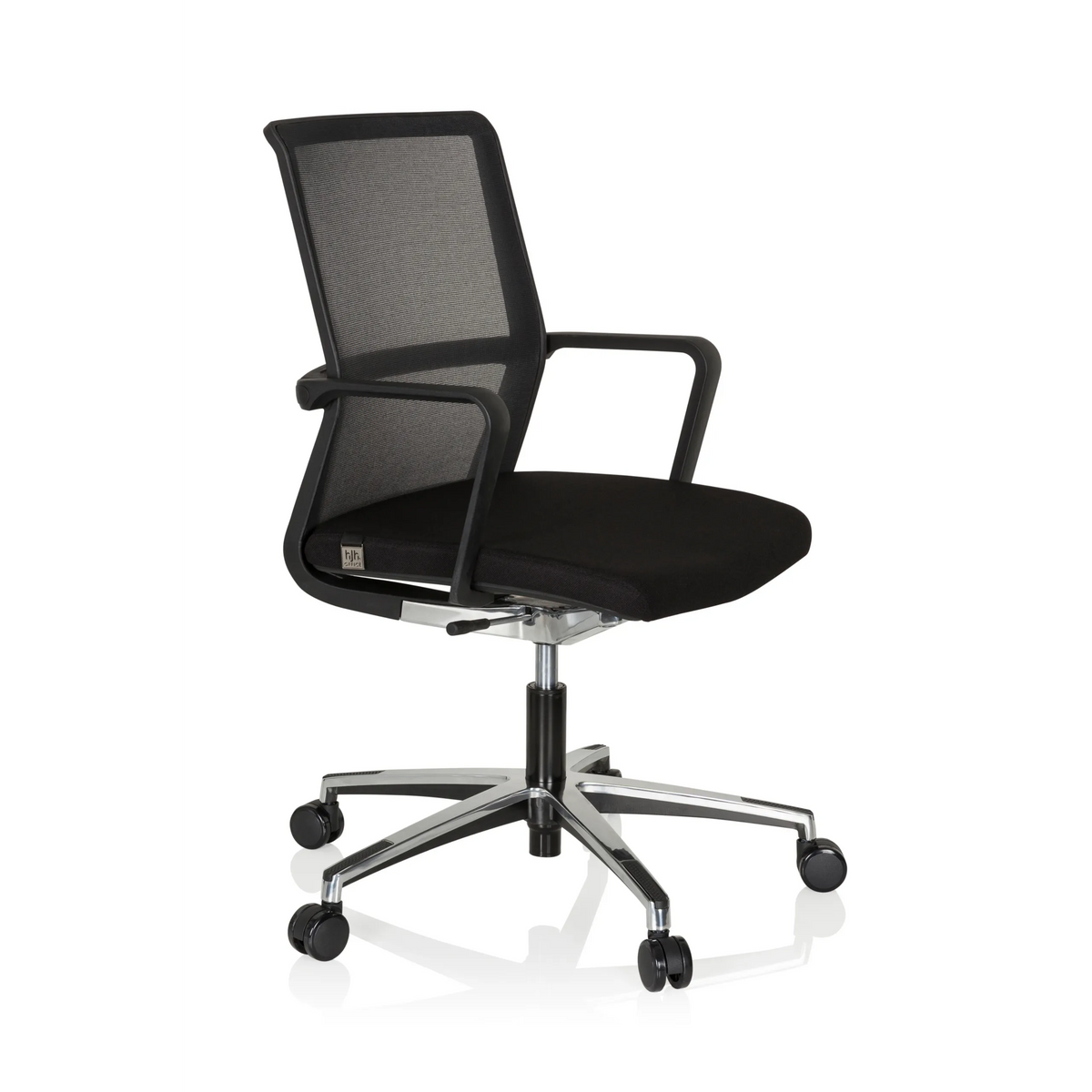 Sedia da ufficio professionale MOVE-TEC NET 3D nera con schienale in rete e base a cinque ruote di hjh OFFICE – vista a 360° (vista frontale a tre quarti 60°)