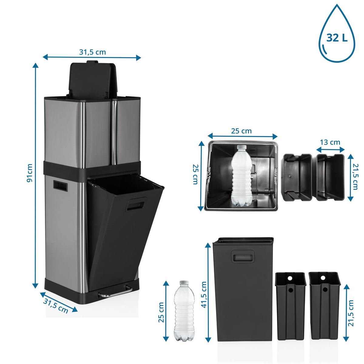 Disegno dimensionale dei Cestini CLEAN 3 con altezza di 91 cm e volume di 32 l di hjh OFFICE