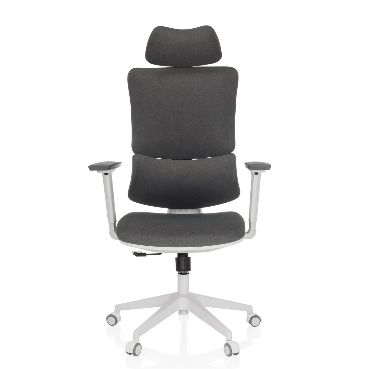 Sedia Home Office ERGOMY WF grigia con rivestimento in tessuto, struttura bianca e base a cinque ruote di MyBuero – vista a 360° (vista frontale 0°)