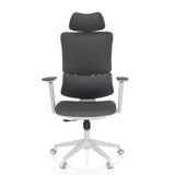 Sedia Home Office ERGOMY WF grigia con rivestimento in tessuto, struttura bianca e base a cinque ruote di MyBuero – vista a 360° (vista frontale 0°)