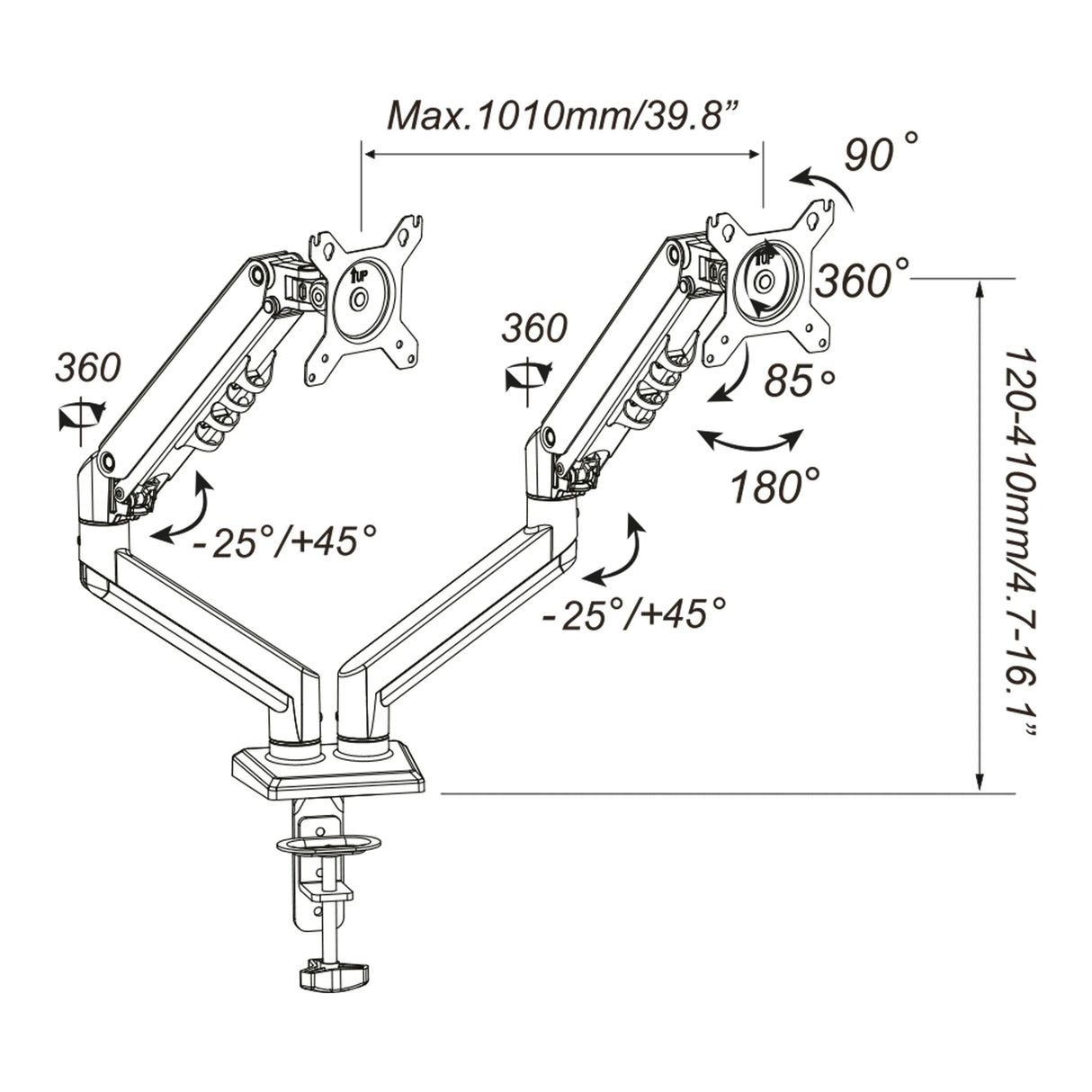 Disegno tecnico del Supporto per monitor Ergomount GF2 con una larghezza massima di 1010 mm di hjh OFFICE