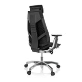 High-end Sedia da ufficio GENIDIA PRO nera con rivestimento in tessuto e base a cinque ruote di hjh OFFICE – vista a 360° (vista posteriore a tre quarti 140°)