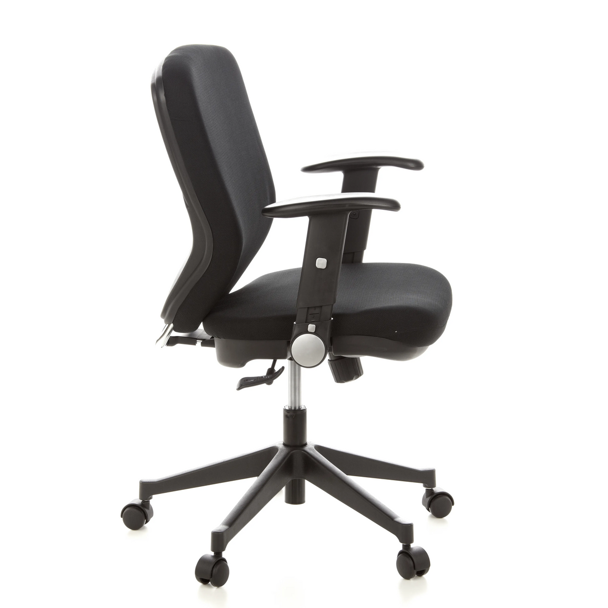 Sedia da ufficio professionale TRAFFIC 20 nera con braccioli e base a cinque ruote di hjh OFFICE – vista a 360° (profilo laterale 80°)
