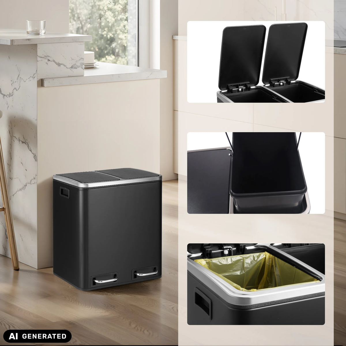Cestino Clean 9 in nero con due scomparti e secchiello interno rimovibile di hjh OFFICE (immagine generata dall’IA)