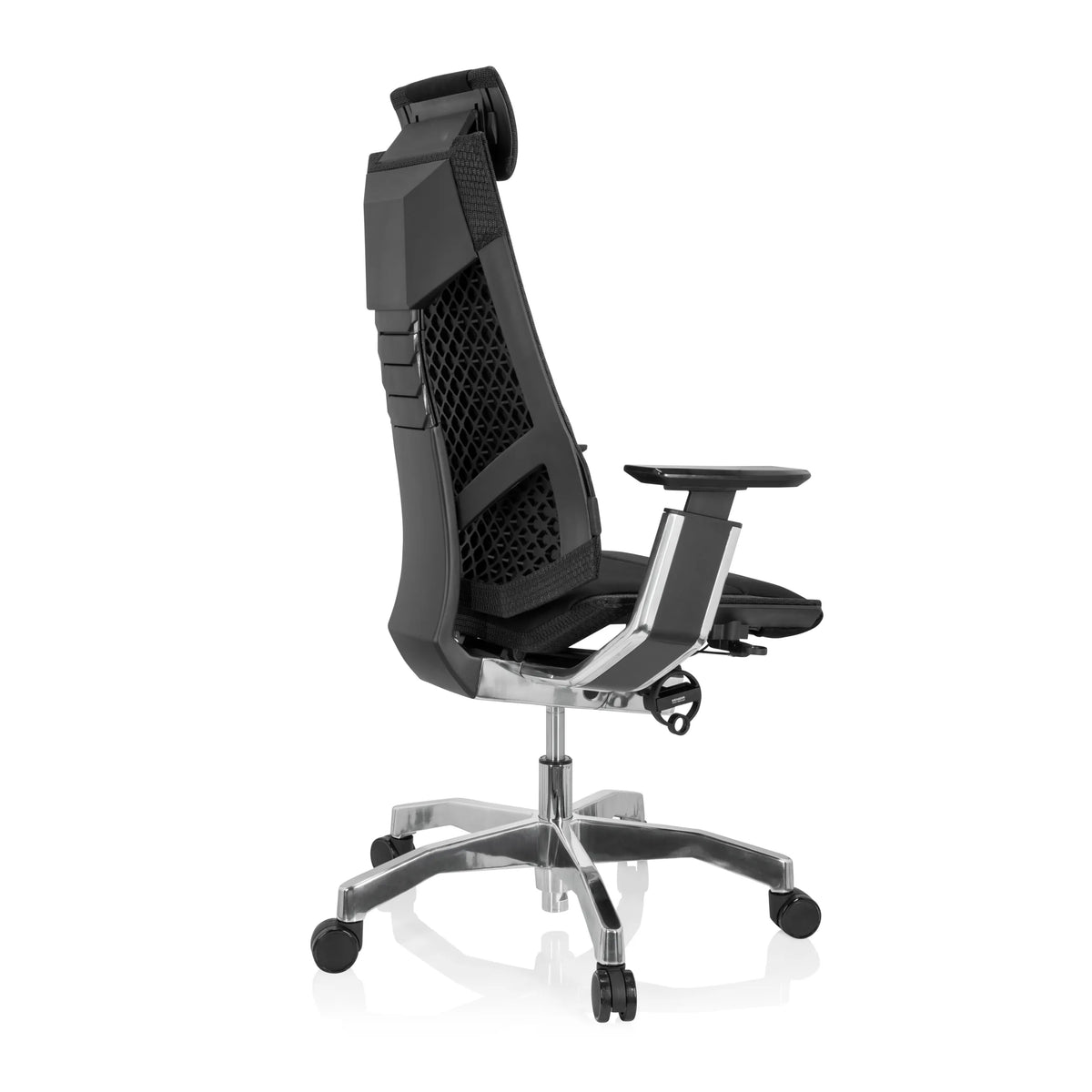 High-end Sedia da ufficio GENIDIA PRO nera con rivestimento in tessuto e base a cinque ruote di hjh OFFICE – vista a 360° (vista posteriore a tre quarti 120°)