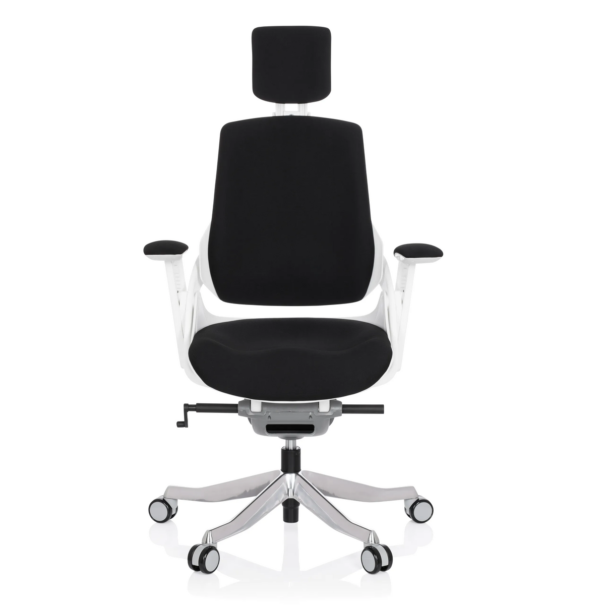 Sedia da ufficio professionale SPEKTRE nera con poggiatesta e base a cinque ruote di hjh OFFICE – vista a 360° (vista frontale 0°)