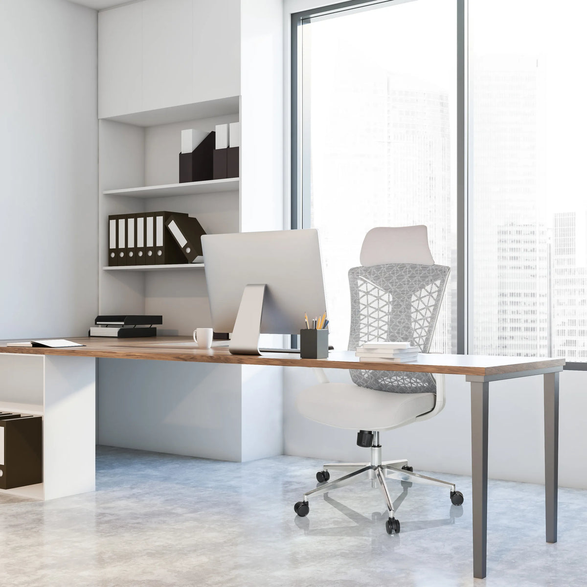 Sedia da ufficio professionale FALEO W grigia con schienale in rete a una scrivania di hjh OFFICE