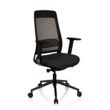 Sedia da ufficio professionale CHIARO T1 BLACK nera con schienale in rete e base a cinque ruote di hjh OFFICE – vista a 360° (vista frontale a tre quarti 40°)