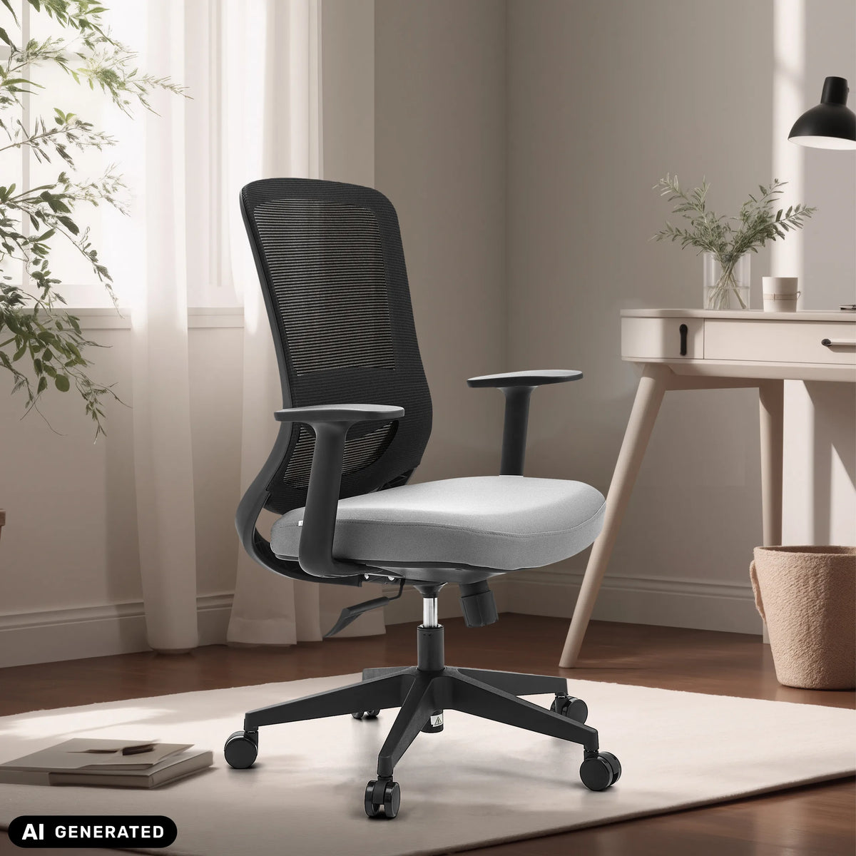 Sedia Home Office Sedito in nero e grigio con schienale in rete e ruote di hjh OFFICE (immagine generata dall’IA)