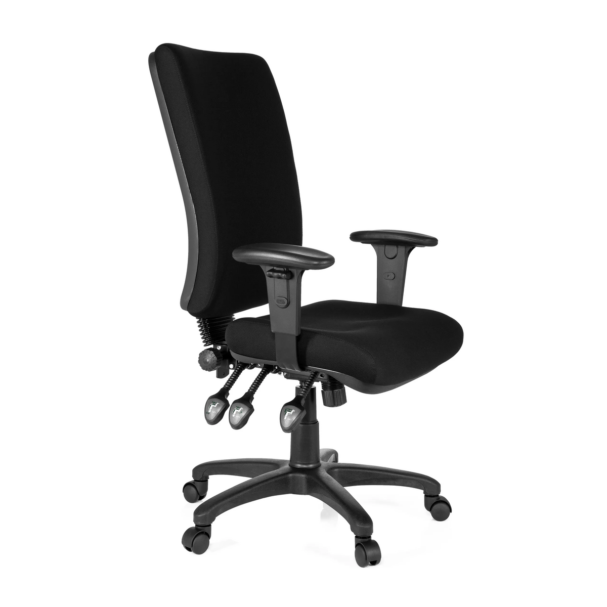 Sedia da ufficio professionale ZENIT HIGH nera con braccioli e base a cinque ruote di hjh OFFICE – vista a 360° (vista frontale a tre quarti 60°)