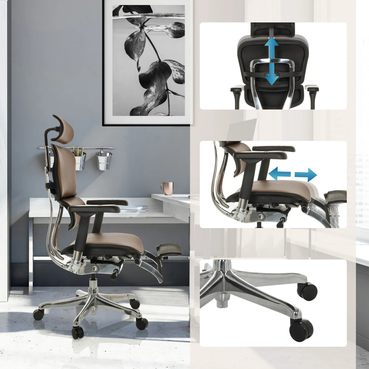 Poggiatesta e braccioli regolabili della Poltrona di lusso ERGOHUMAN PLUS LEGPRO GEN2 in marrone di hjh OFFICE