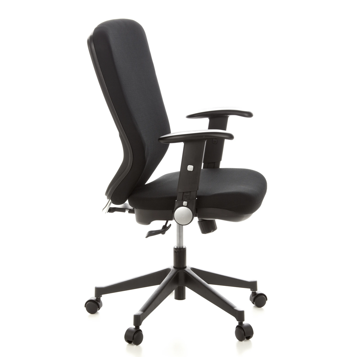 Sedia da ufficio professionale TRAFFIC 30 nera con braccioli e base a cinque ruote di hjh OFFICE – vista a 360° (profilo laterale 80°)