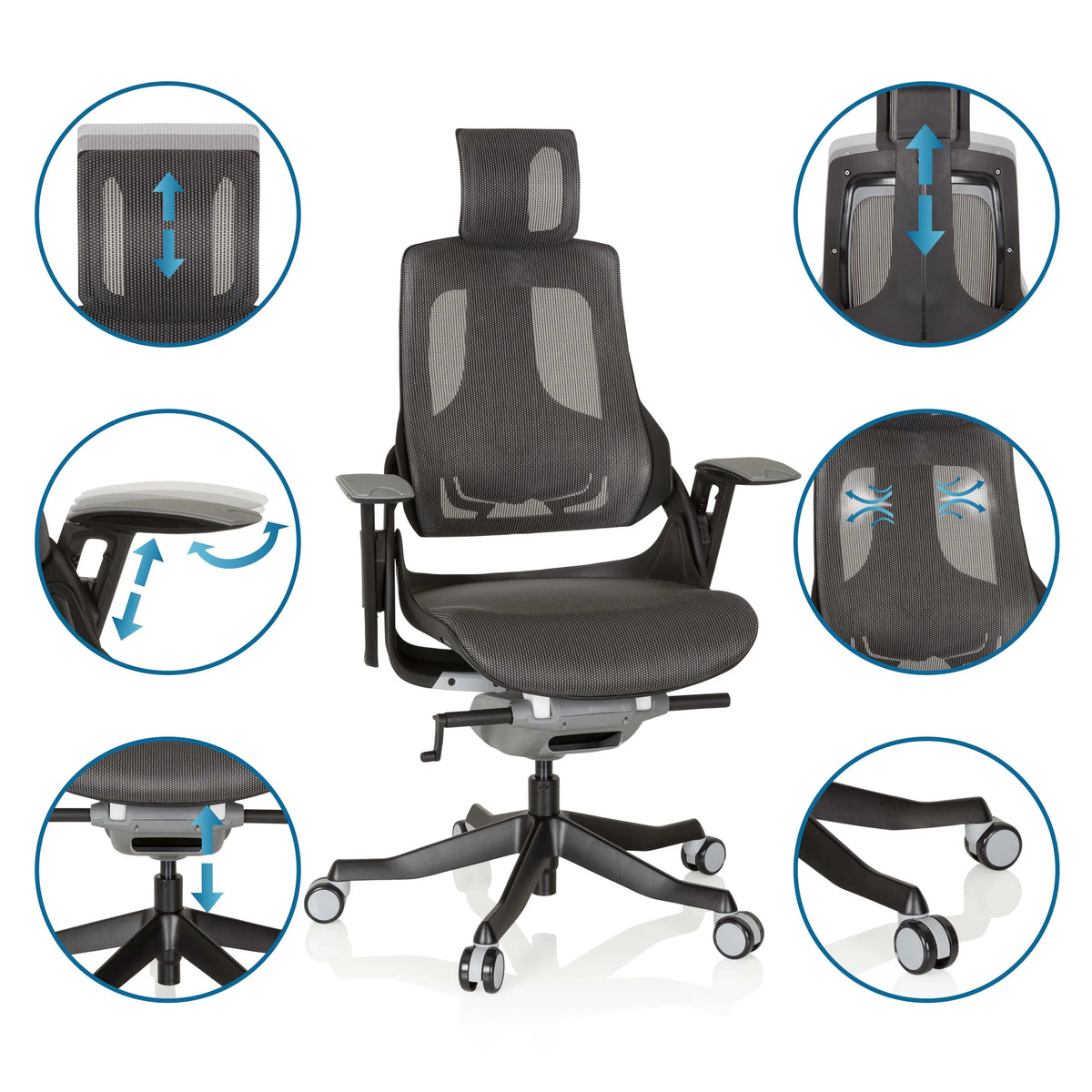 Sedia da ufficio professionale SPEKTRE BLACK con rivestimento in rete e varie possibilità di regolazione di hjh OFFICE