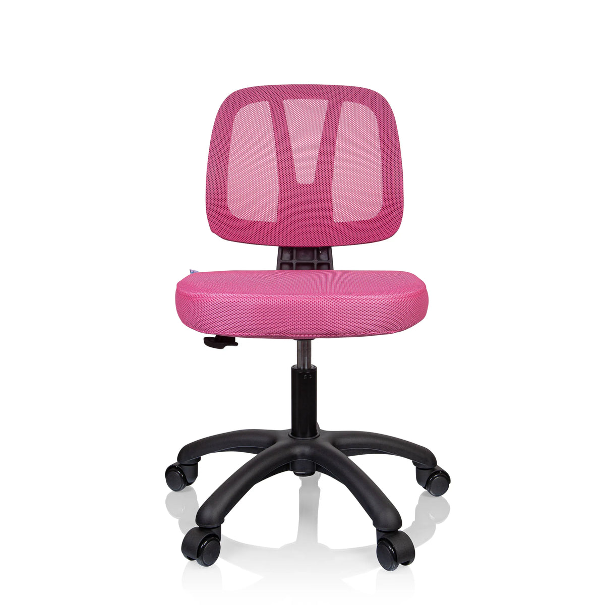 Sedia girevole per bambini KID YU 200 rosa con schienale in rete e base nera a cinque ruote di hjh OFFICE – vista a 360° (vista frontale 0°)