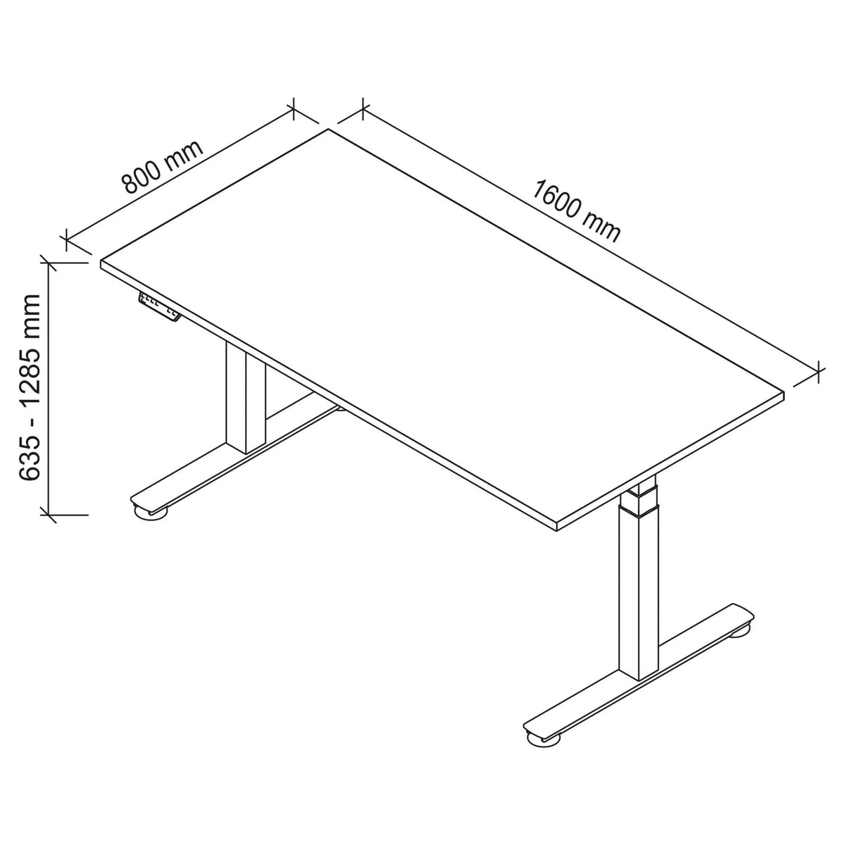 Technische Zeichnung des Schreibtischs XDSM 16 S mit 1600 × 800 mm von hjh OFFICE PRO