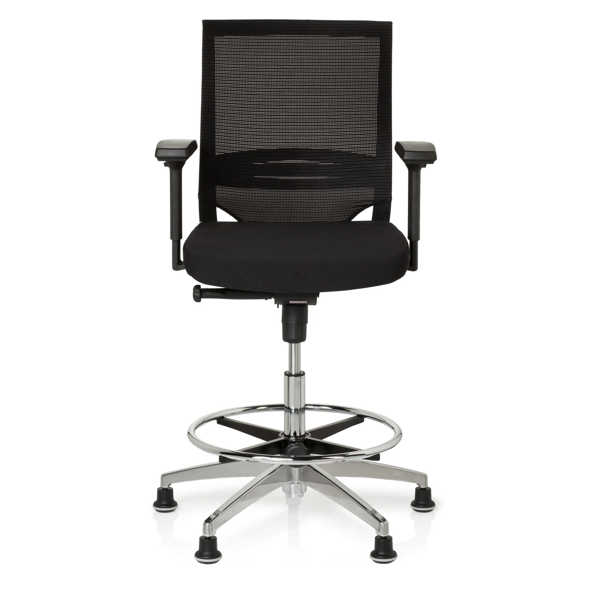 Sedia da banco TOP WORK 77 nera con schienale in rete, poggiapiedi e cinque piedini di hjh OFFICE – vista a 360° (vista frontale 0°)