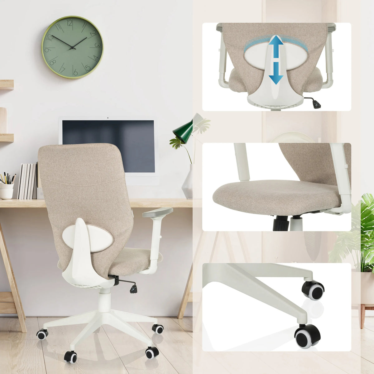 Sedia Home Office COSIO II in beige con regolazione dell'altezza del sedile, seduta e base con ruote di hjh OFFICE