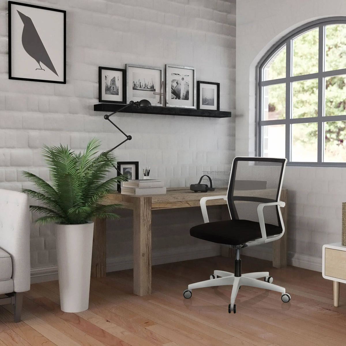Sedia da ufficio professionale MOVE-TEC NET 3D W in bianco e nero con schienale in rete e base a ruote di hjh OFFICE